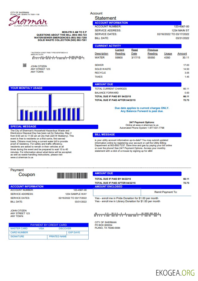USA City of Sherman utility bill template in Word and PDF format